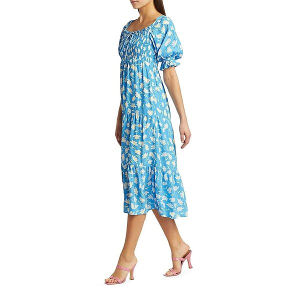 New Faithfull Olinda Shirred Floral Crepe Nap Dress Blue Large $225 - Picture 2 of 9